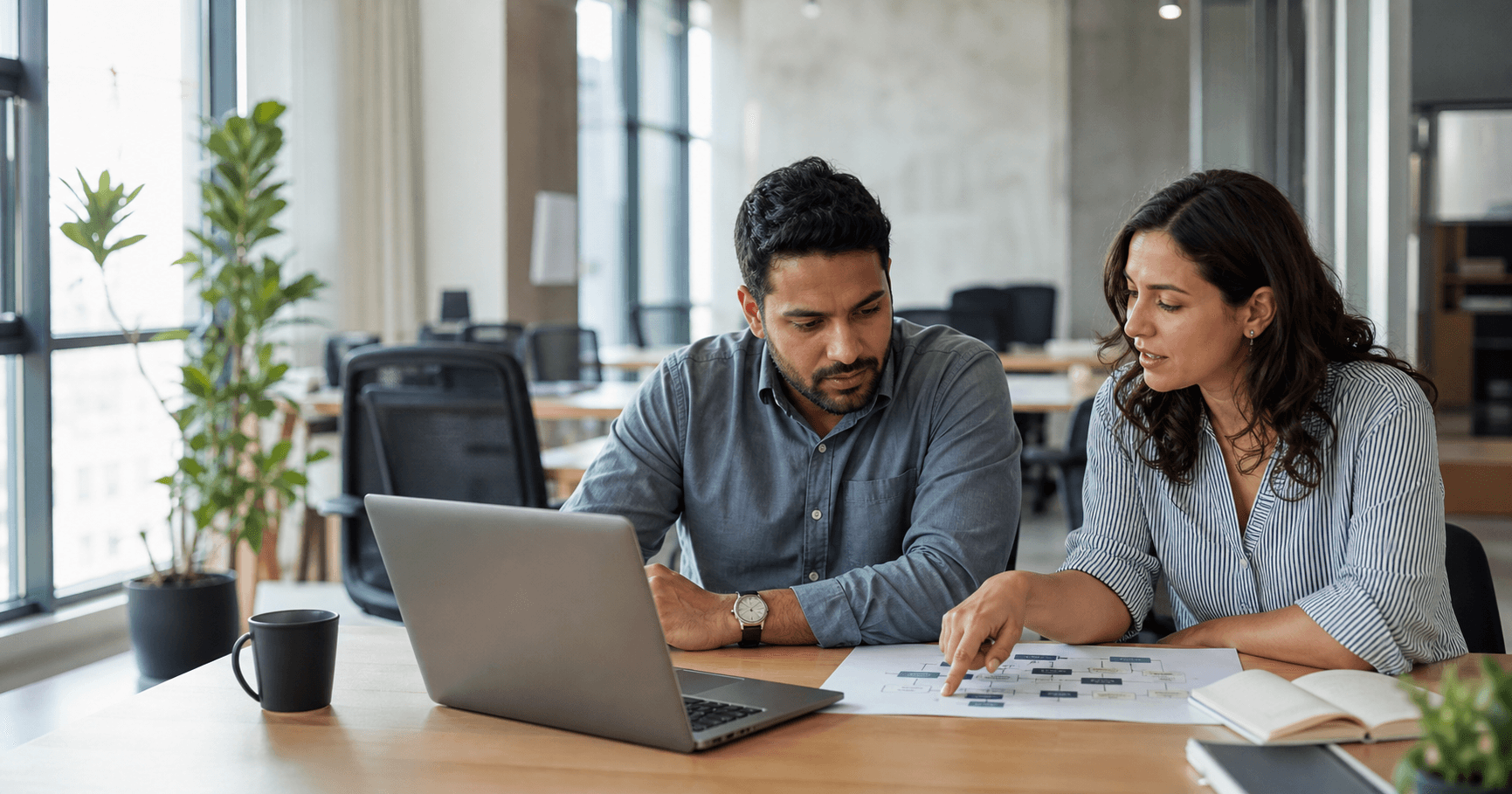 An Odoo developer and functional consultant reviewing a software workflow together