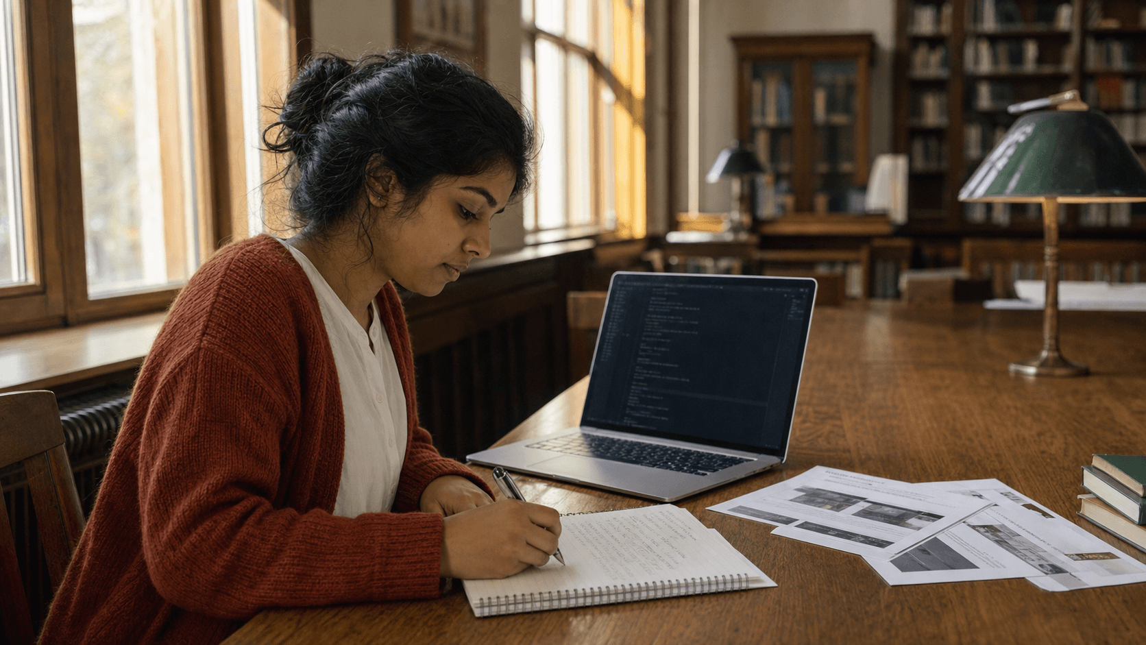 An Odoo developer reviews project pages and writes portfolio notes beside her laptop in a library